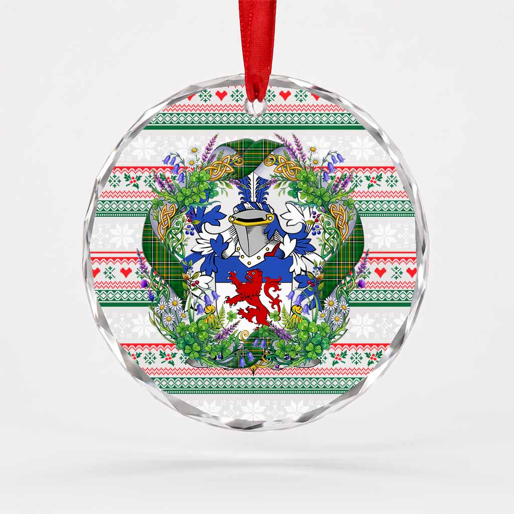 St.John Irish Tartan Crest Christmas Glass Circle Ornament Shamrock Flowers Wreath