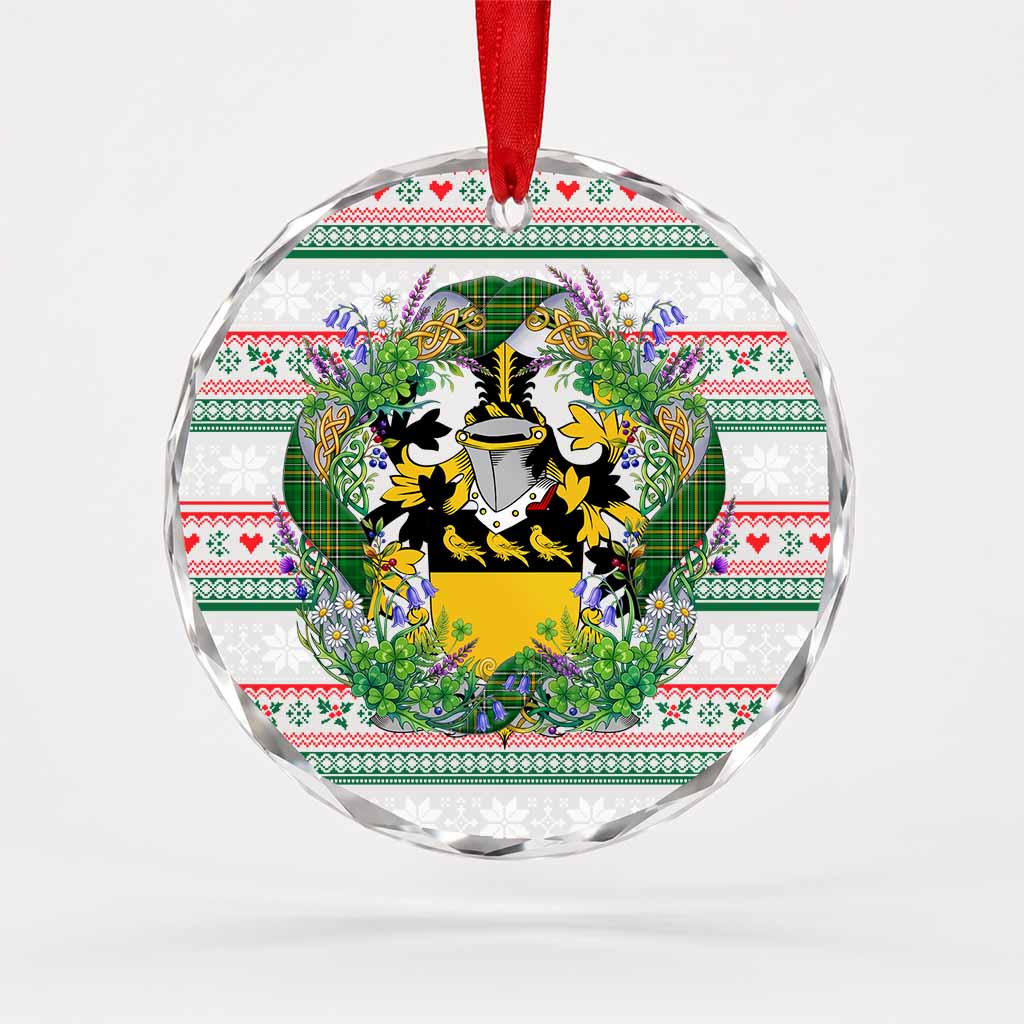Owgan Irish Tartan Crest Christmas Glass Circle Ornament Shamrock Flowers Wreath