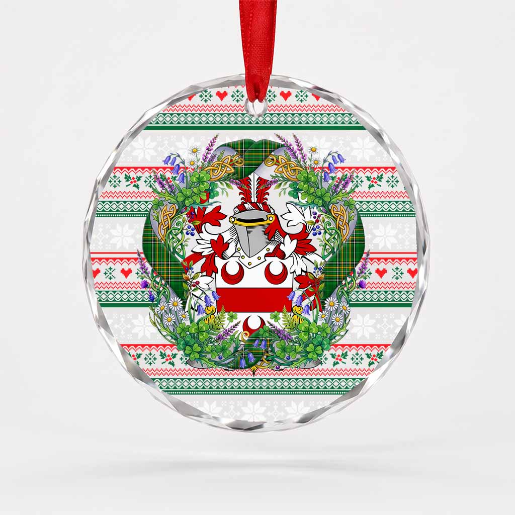 Ogle Irish Tartan Crest Christmas Glass Circle Ornament Shamrock Flowers Wreath