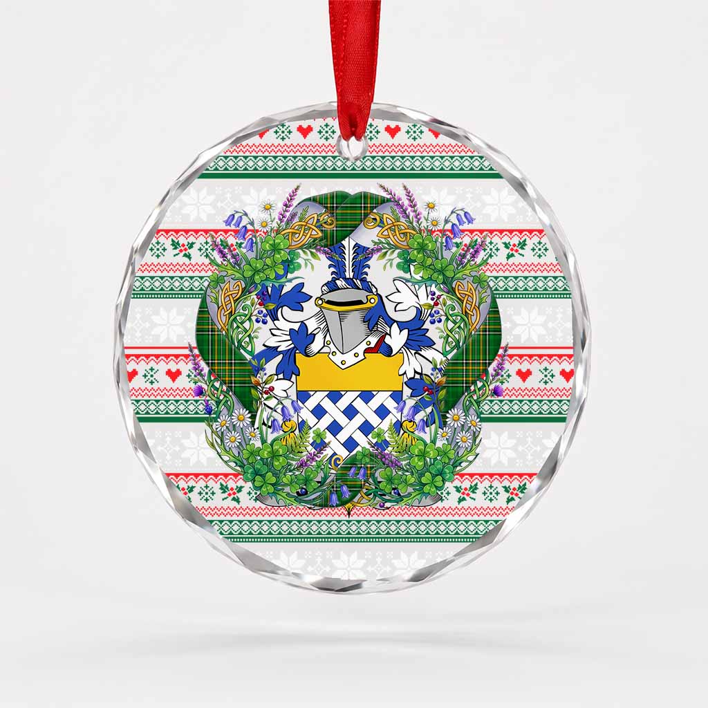 St.Leger Irish Tartan Crest Christmas Glass Circle Ornament Shamrock Flowers Wreath