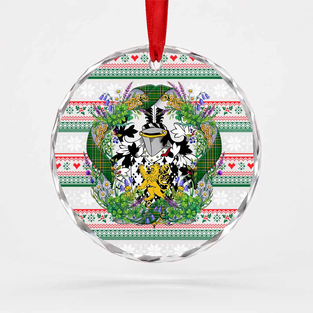 Trevor Irish Tartan Crest Christmas Glass Circle Ornament Shamrock Flowers Wreath