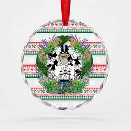 Myers Irish Tartan Crest Christmas Glass Circle Ornament Shamrock Flowers Wreath