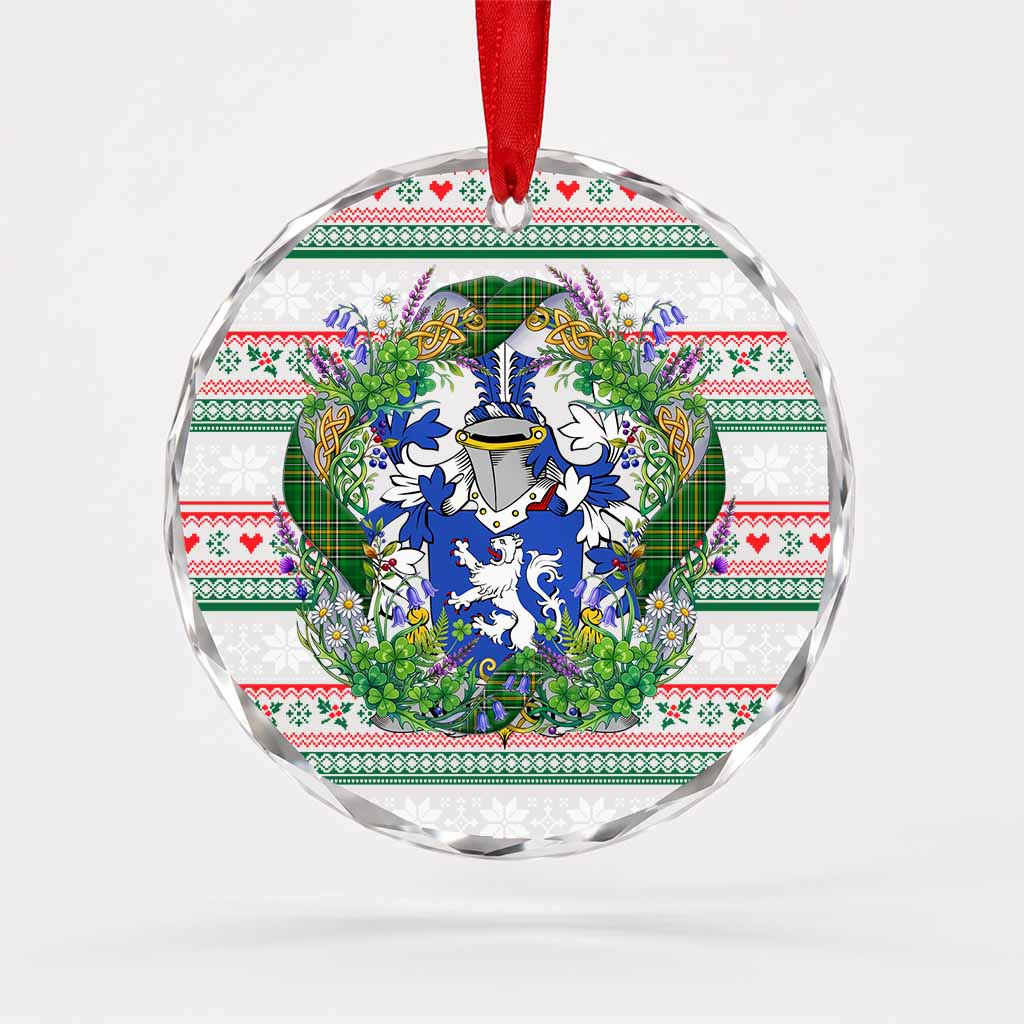 Rockfort Irish Tartan Crest Christmas Glass Circle Ornament Shamrock Flowers Wreath