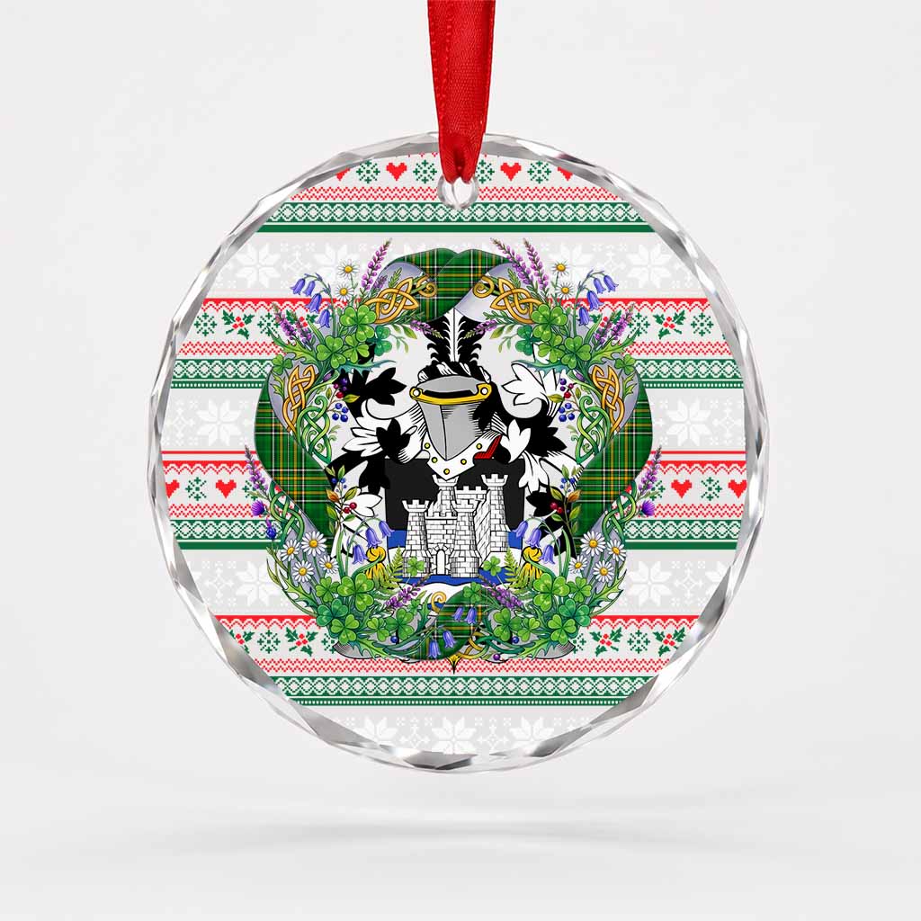Rawson Irish Tartan Crest Christmas Glass Circle Ornament Shamrock Flowers Wreath