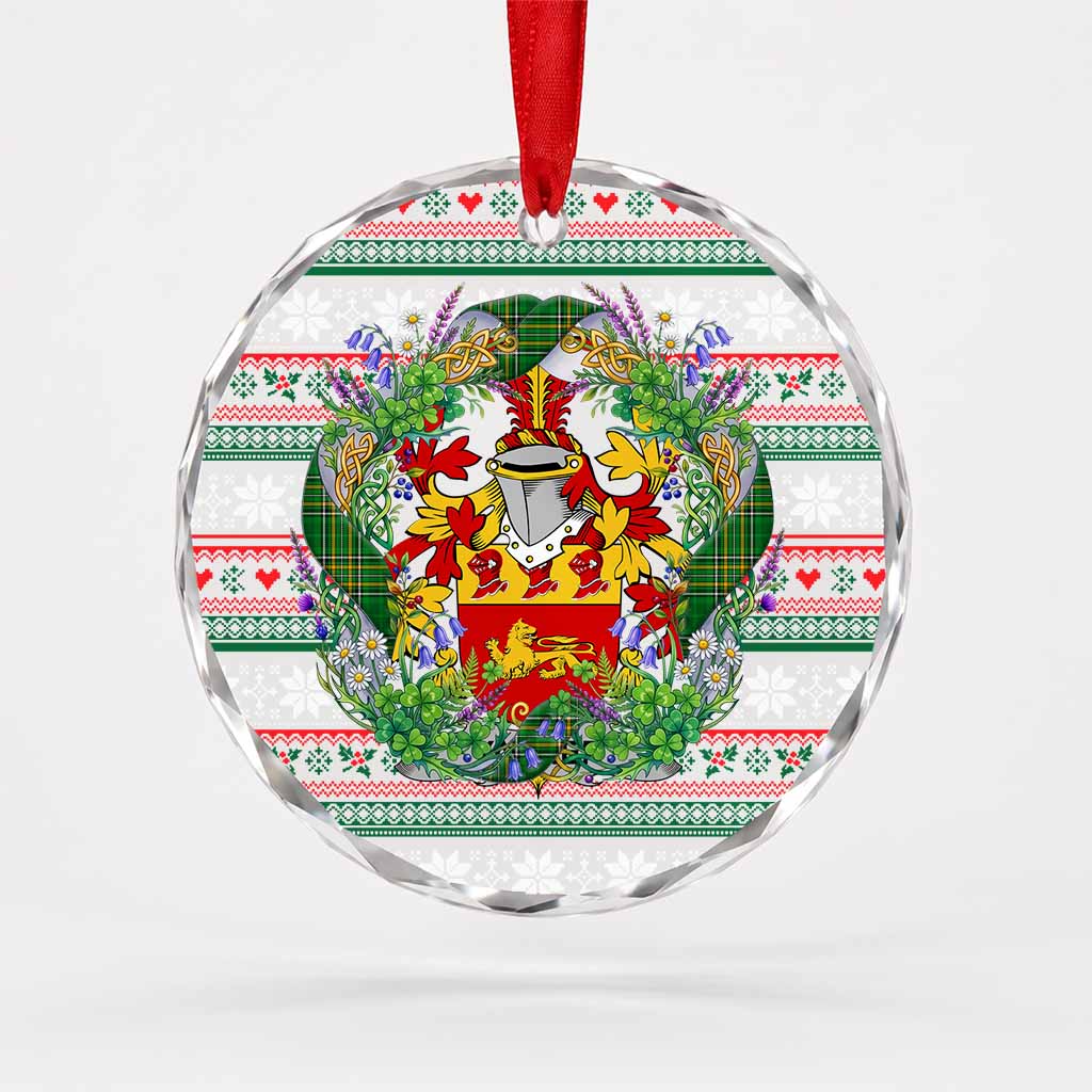 Yarner Irish Tartan Crest Christmas Glass Circle Ornament Shamrock Flowers Wreath