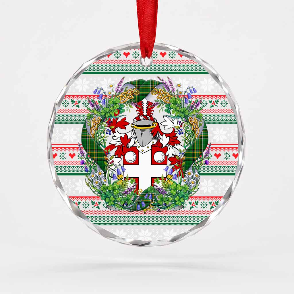 Wellesby Irish Tartan Crest Christmas Glass Circle Ornament Shamrock Flowers Wreath