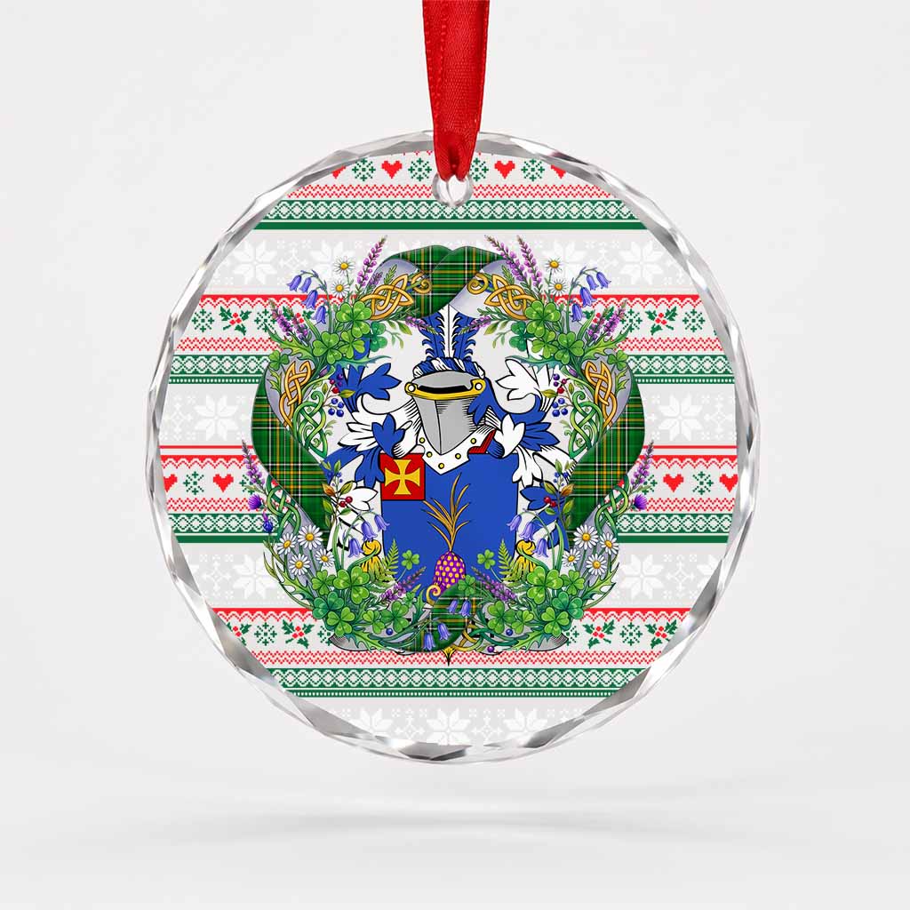 Turnly Irish Tartan Crest Christmas Glass Circle Ornament Shamrock Flowers Wreath