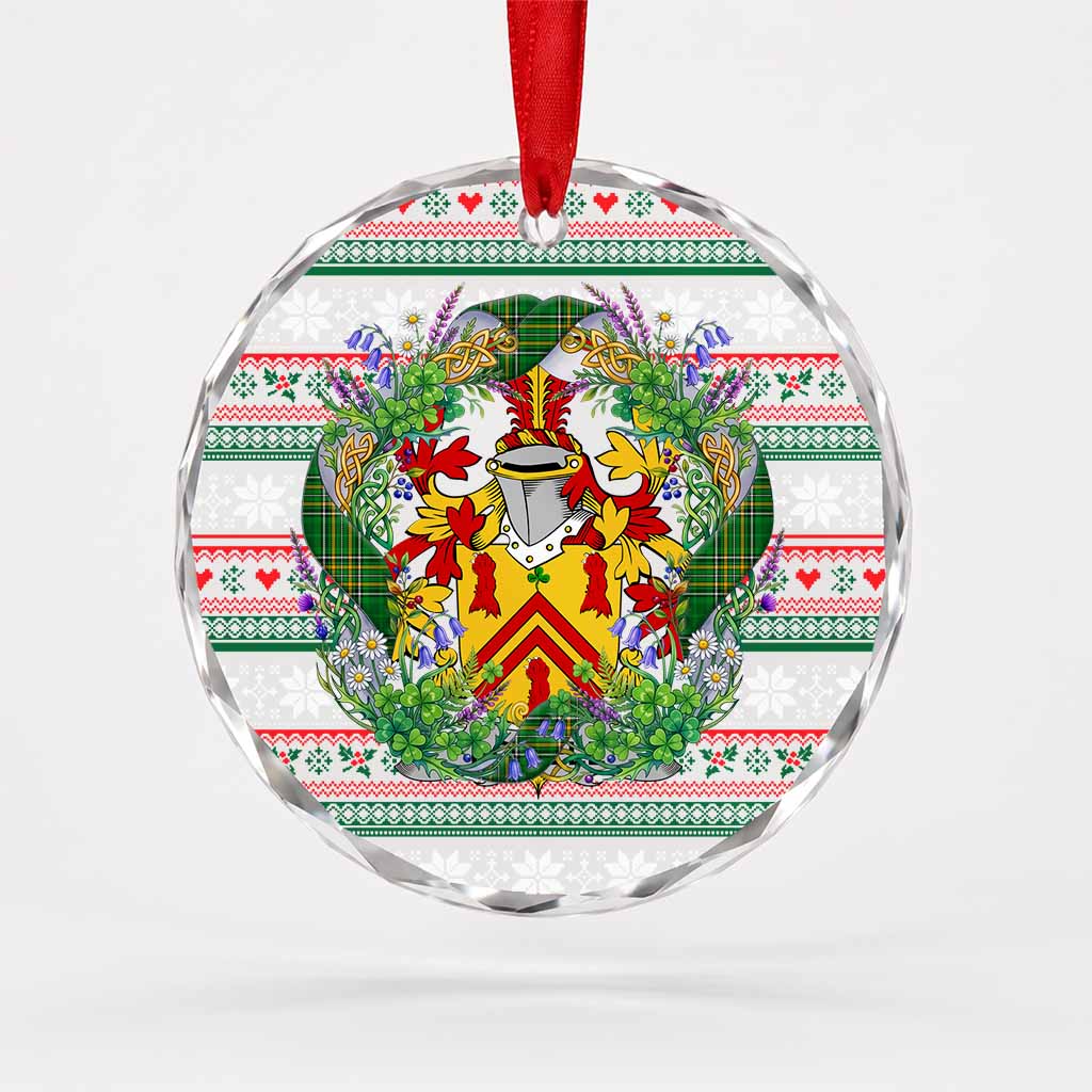 Powell Irish Tartan Crest Christmas Glass Circle Ornament Shamrock Flowers Wreath