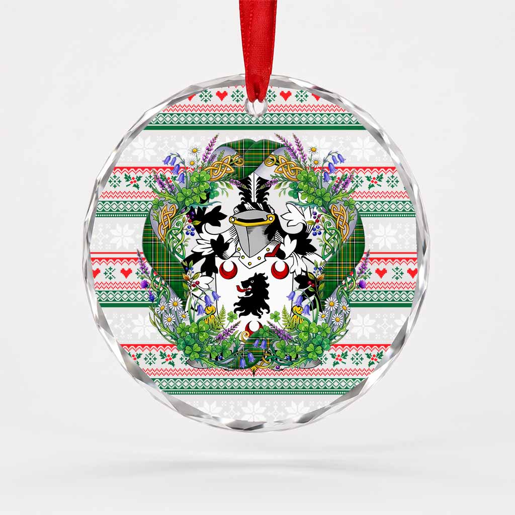 Newcomen Irish Tartan Crest Christmas Glass Circle Ornament Shamrock Flowers Wreath