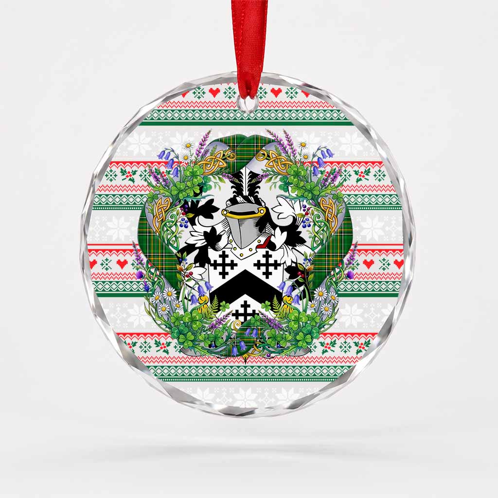 Wickliffe Irish Tartan Crest Christmas Glass Circle Ornament Shamrock Flowers Wreath