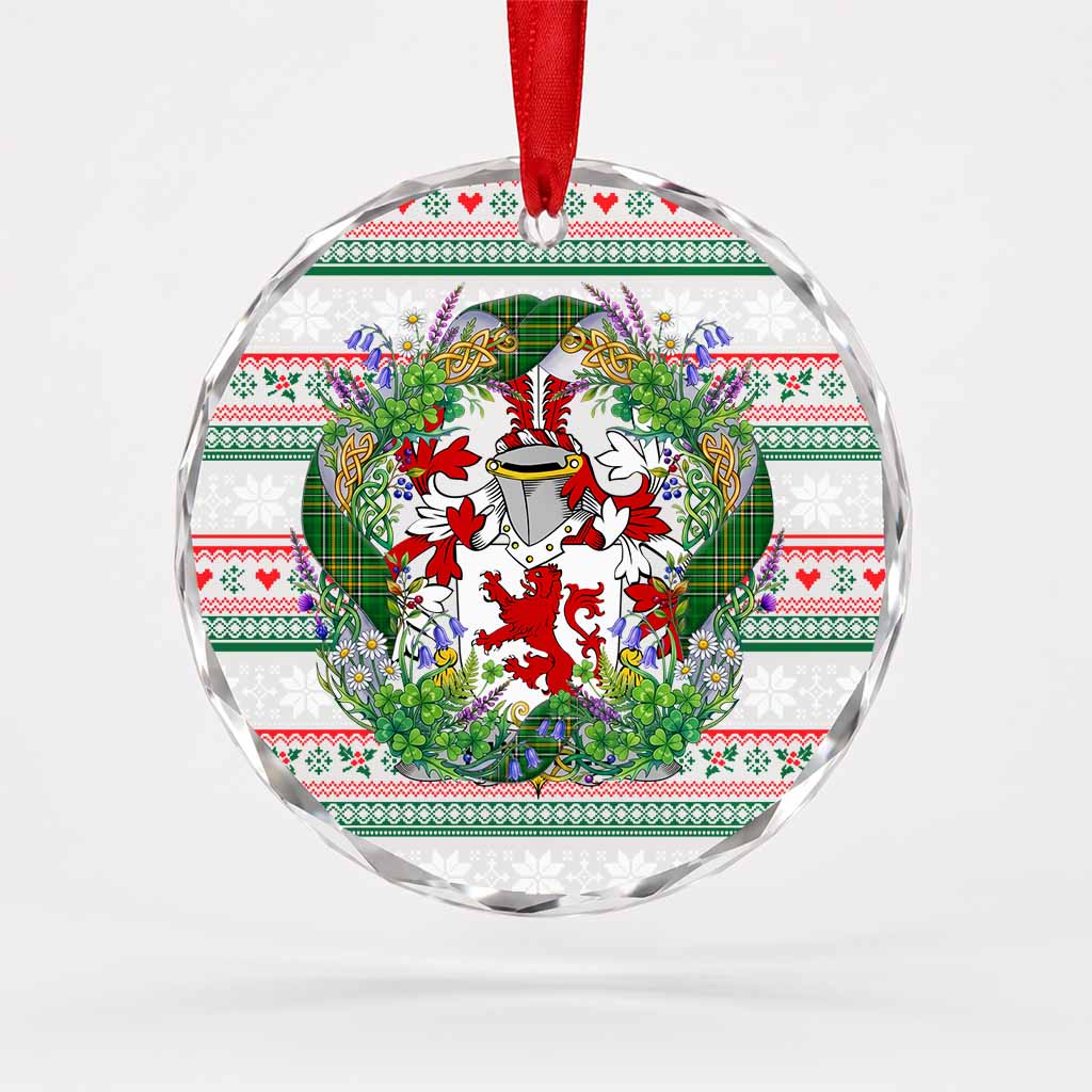 Russell Irish Tartan Crest Christmas Glass Circle Ornament Shamrock Flowers Wreath