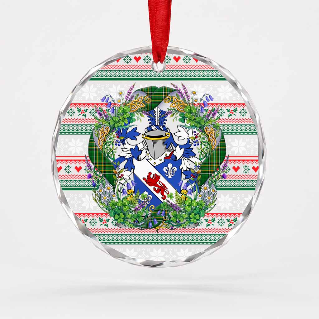 Nowland Irish Tartan Crest Christmas Glass Circle Ornament Shamrock Flowers Wreath