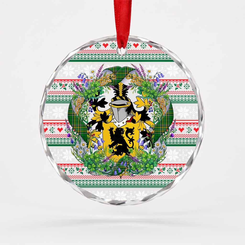 Vaughan Irish Tartan Crest Christmas Glass Circle Ornament Shamrock Flowers Wreath