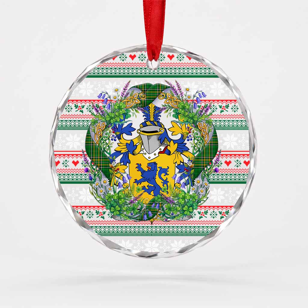 Roney Irish Tartan Crest Christmas Glass Circle Ornament Shamrock Flowers Wreath