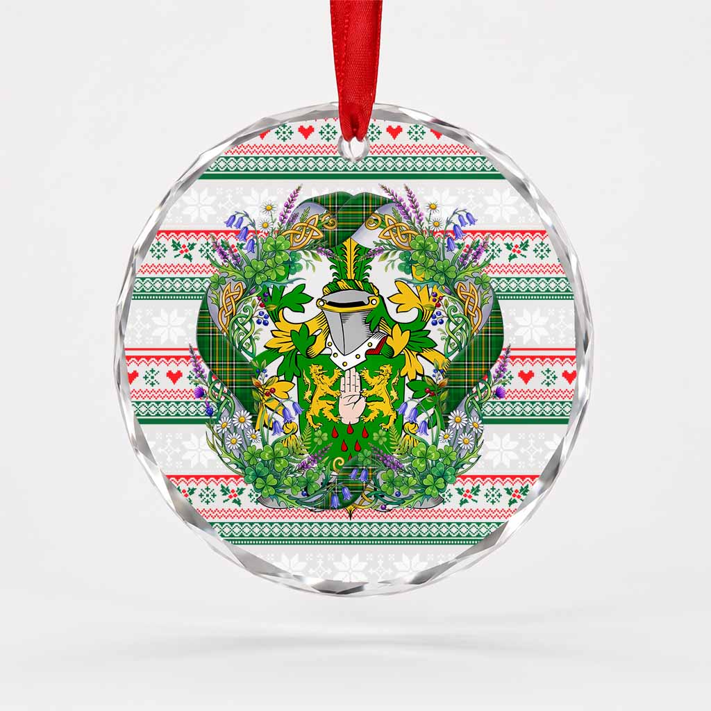 O'Reilly Irish Tartan Crest Christmas Glass Circle Ornament Shamrock Flowers Wreath