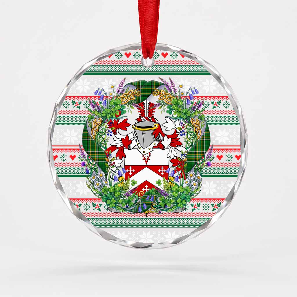 Wakeley Irish Tartan Crest Christmas Glass Circle Ornament Shamrock Flowers Wreath