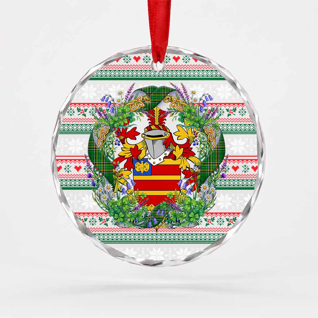 Muschamp Irish Tartan Crest Christmas Glass Circle Ornament Shamrock Flowers Wreath