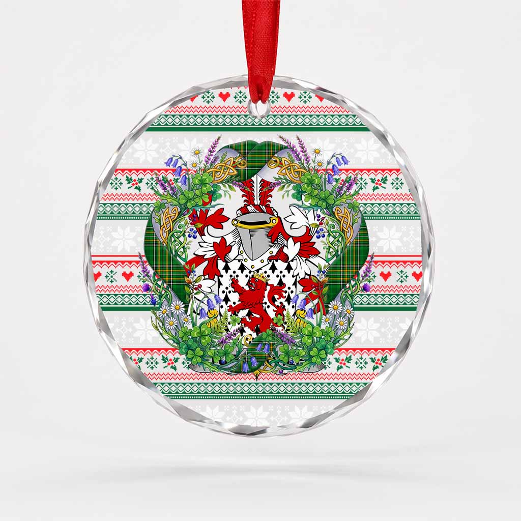 Turbervile Irish Tartan Crest Christmas Glass Circle Ornament Shamrock Flowers Wreath