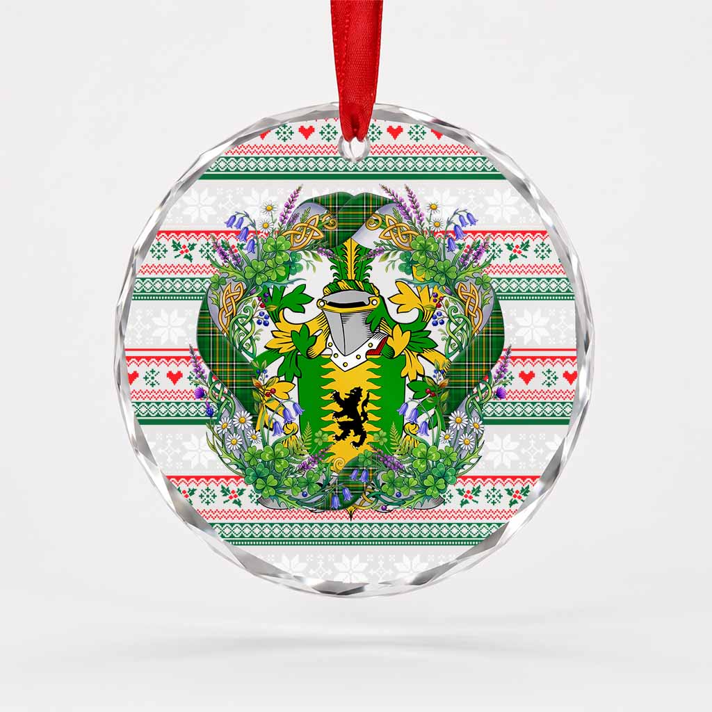 O'Hara Irish Tartan Crest Christmas Glass Circle Ornament Shamrock Flowers Wreath
