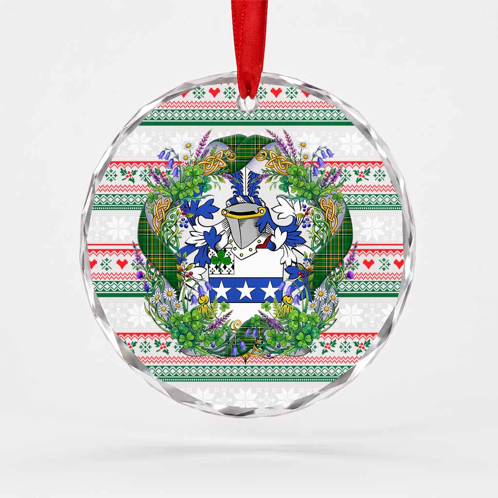 Weir Irish Tartan Crest Christmas Glass Circle Ornament Shamrock Flowers Wreath