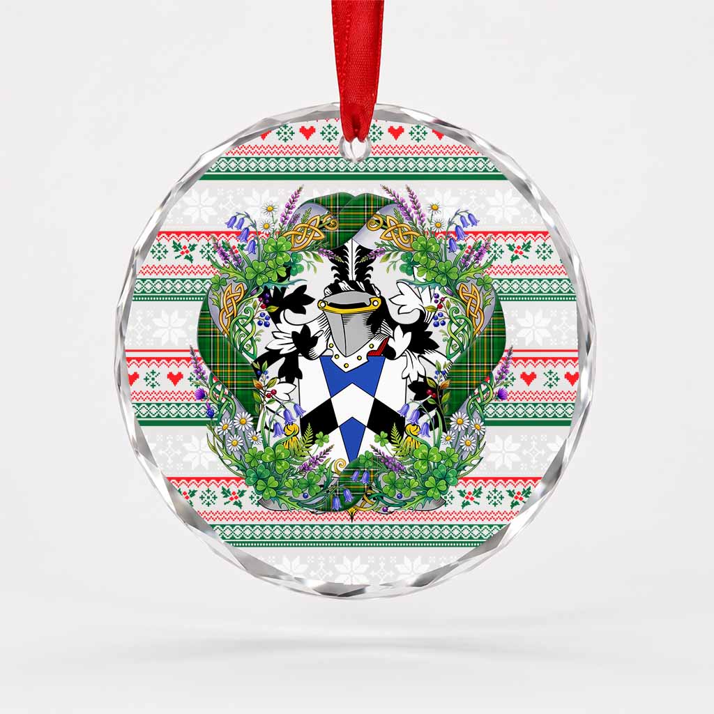 Otway Irish Tartan Crest Christmas Glass Circle Ornament Shamrock Flowers Wreath