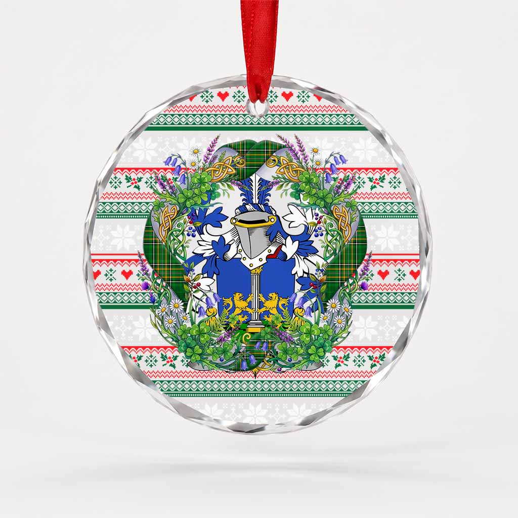 Owen Irish Tartan Crest Christmas Glass Circle Ornament Shamrock Flowers Wreath