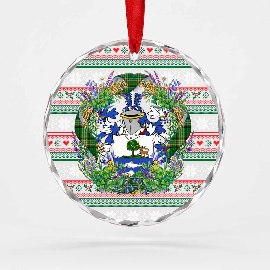 Woulfe Irish Tartan Crest Christmas Glass Circle Ornament Shamrock Flowers Wreath