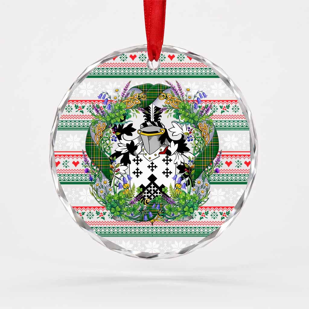 Tighe Irish Tartan Crest Christmas Glass Circle Ornament Shamrock Flowers Wreath