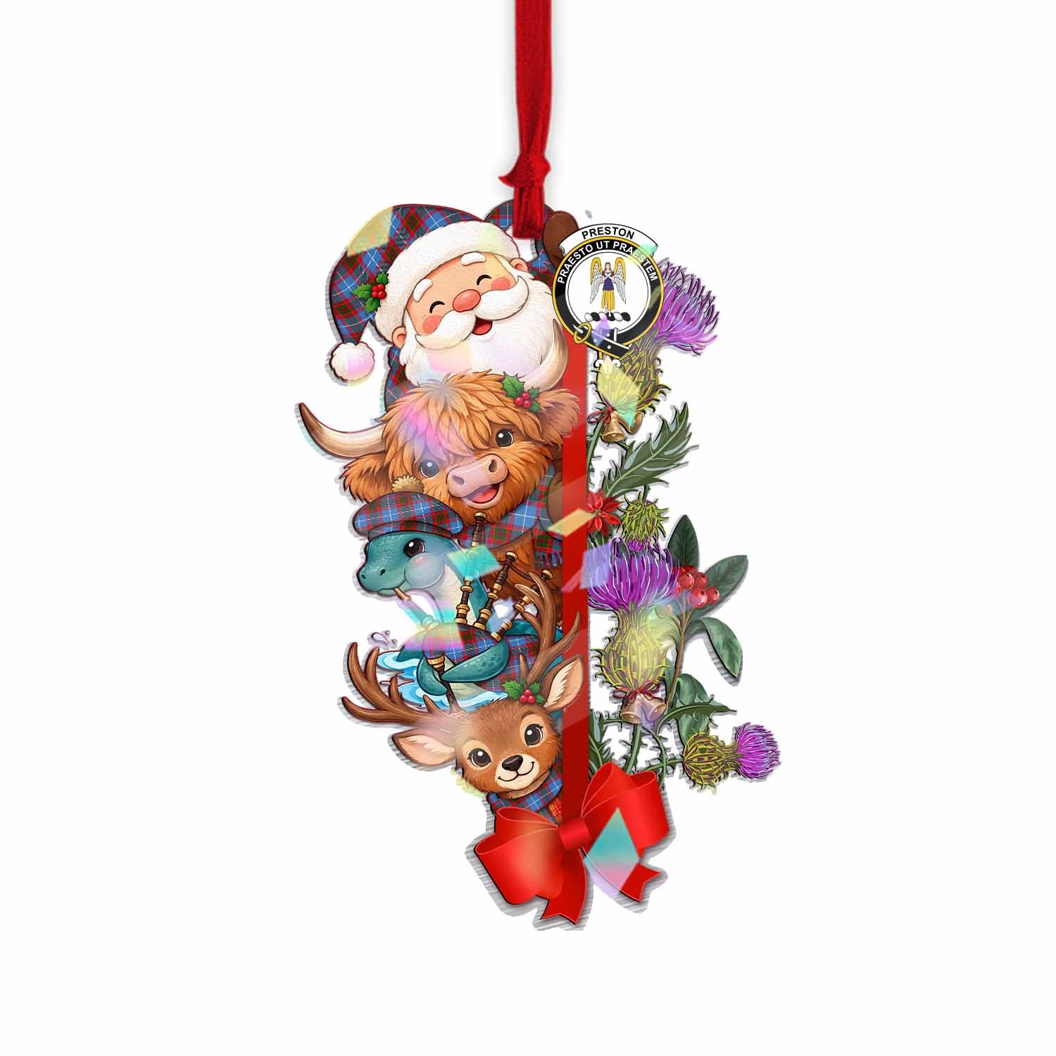 Preston Tartan Crest Christmas Hologram Ornament Scottish Highland Cow Nessie Deer Thistle