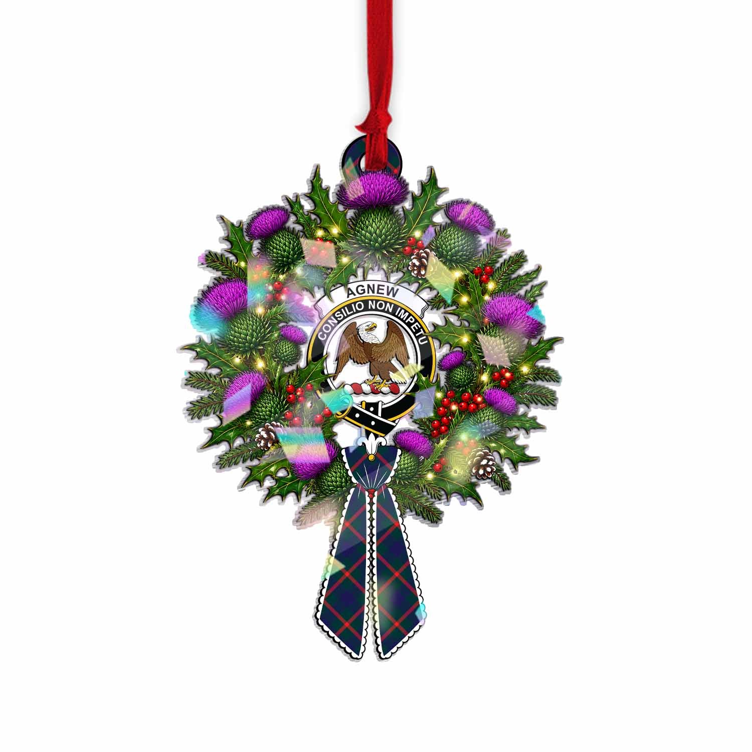 Agnew Tartan Crest Christmas Scottish Thistle Wreath Bow Hologram Ornament