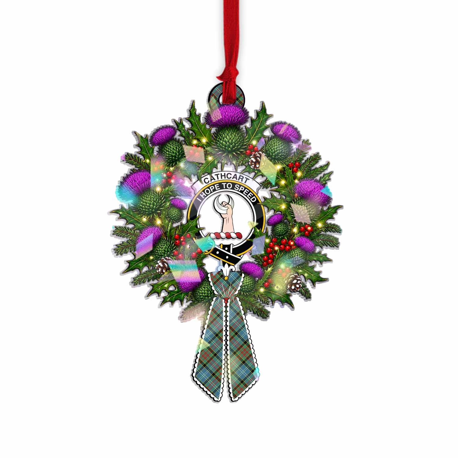 Cathcart Tartan Crest Christmas Scottish Thistle Wreath Bow Hologram Ornament