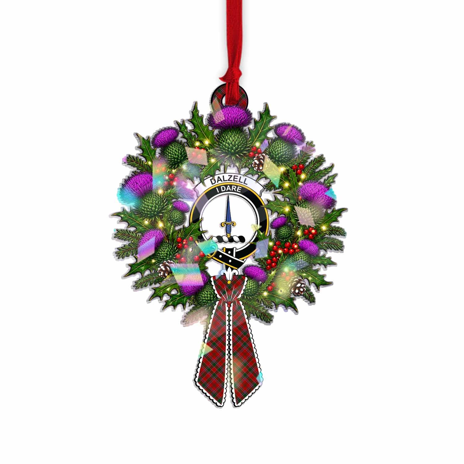 Dalzell (Dalziel) Tartan Crest Christmas Scottish Thistle Wreath Bow Hologram Ornament
