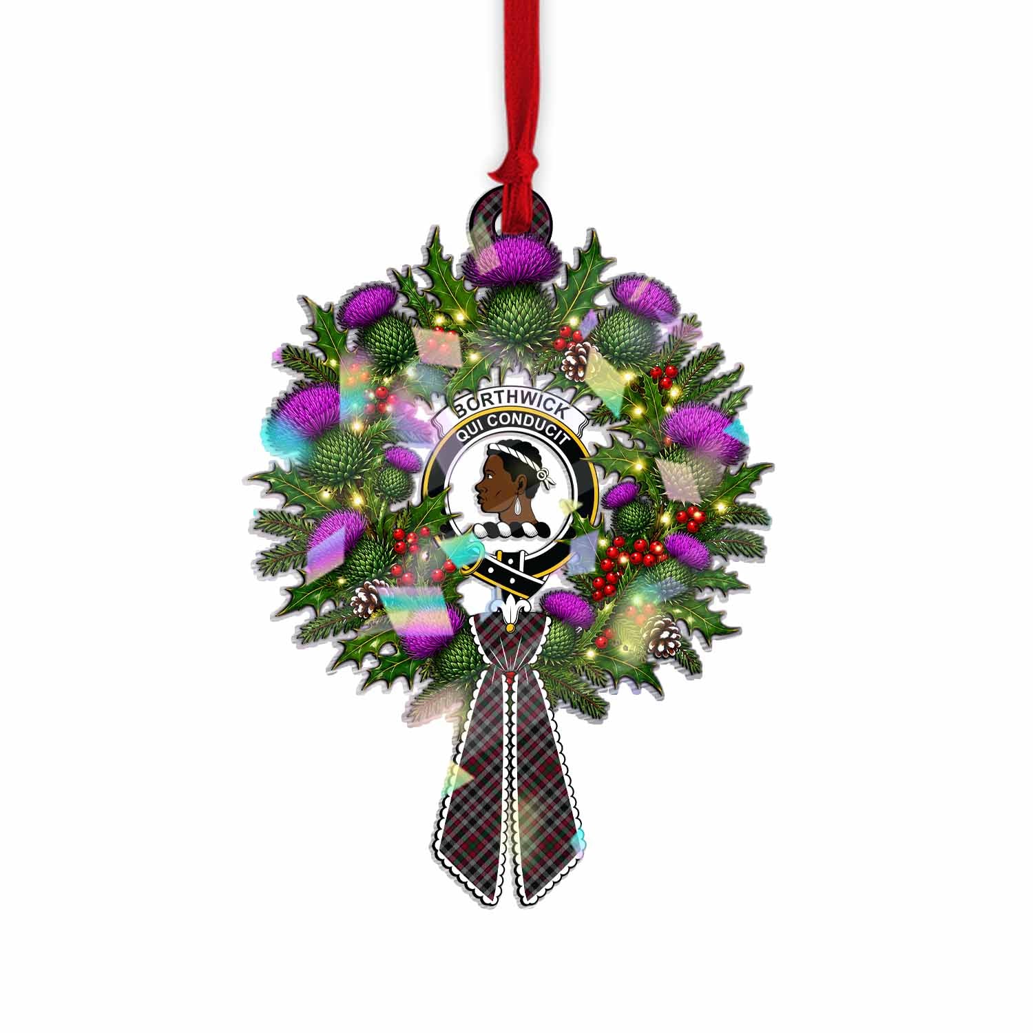 Borthwick Tartan Crest Christmas Scottish Thistle Wreath Bow Hologram Ornament