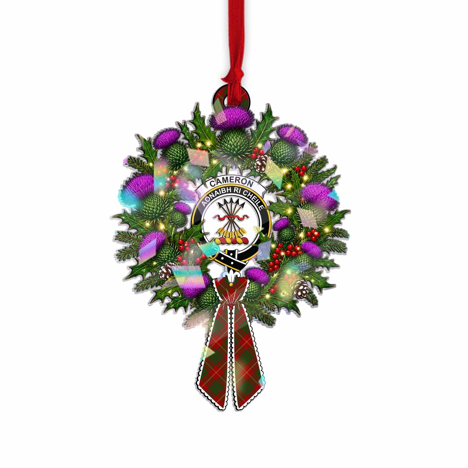 Cameron Tartan Crest Christmas Scottish Thistle Wreath Bow Hologram Ornament
