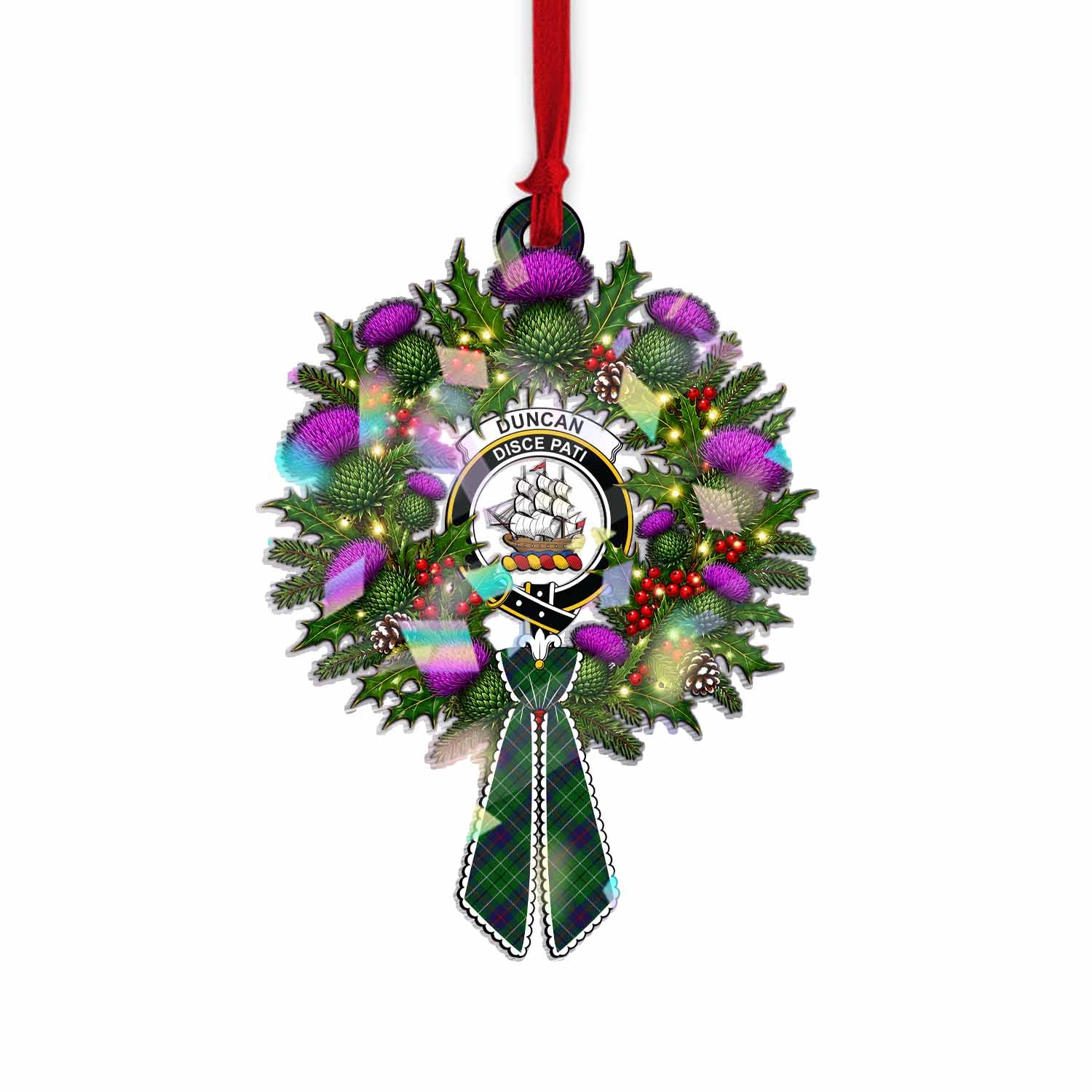 Duncan Tartan Crest Christmas Scottish Thistle Wreath Bow Hologram Ornament