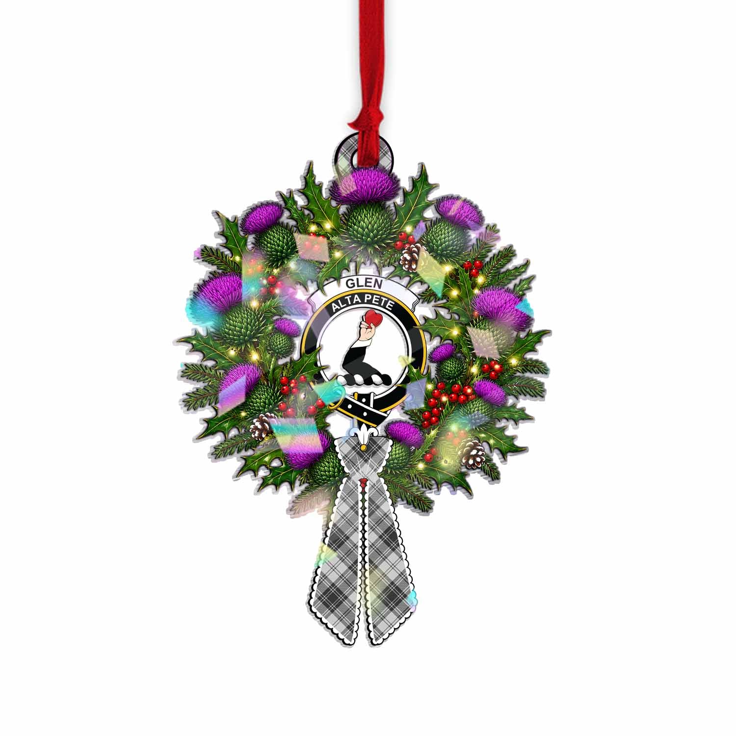Glen Tartan Crest Christmas Scottish Thistle Wreath Bow Hologram Ornament