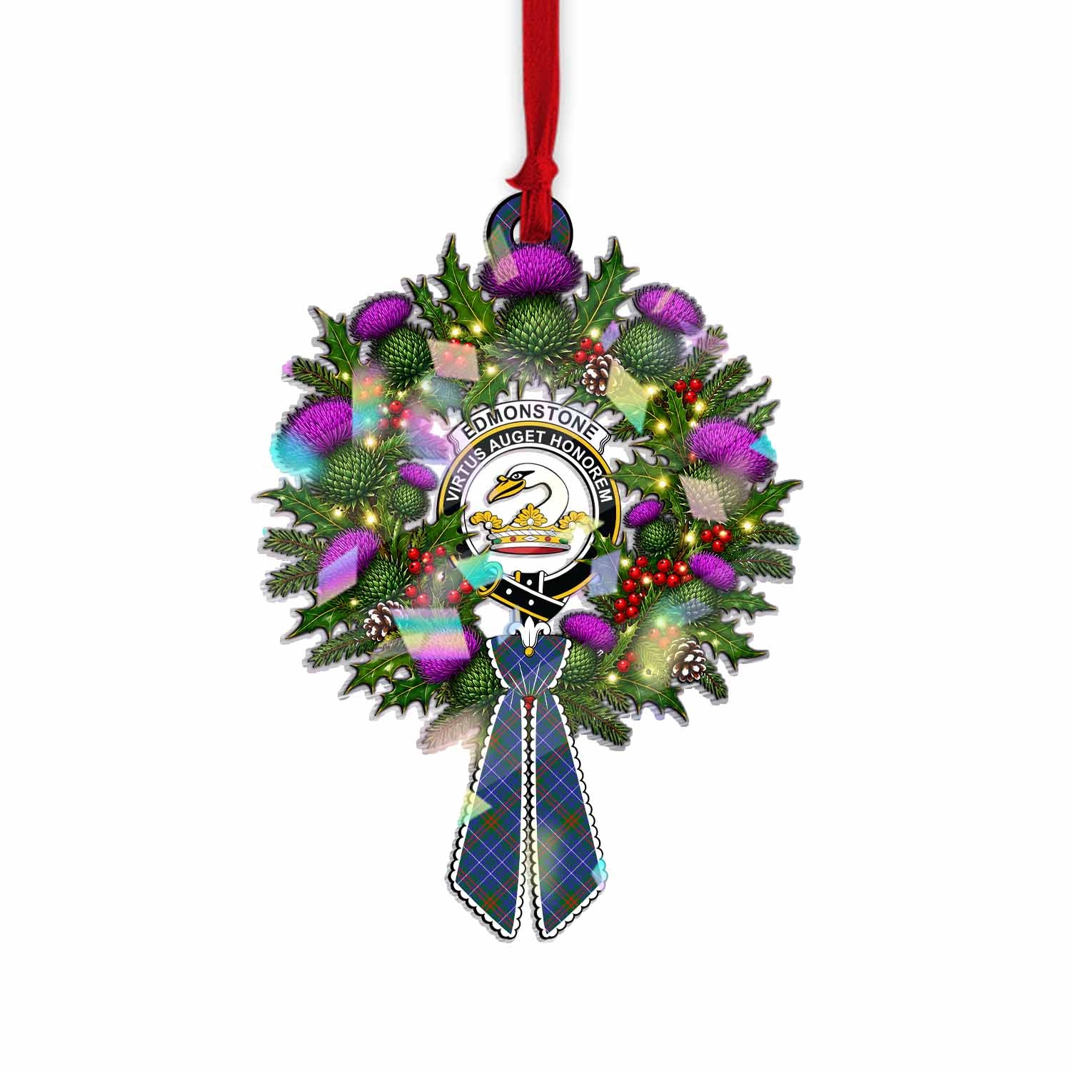 Edmonstone Tartan Crest Christmas Scottish Thistle Wreath Bow Hologram Ornament
