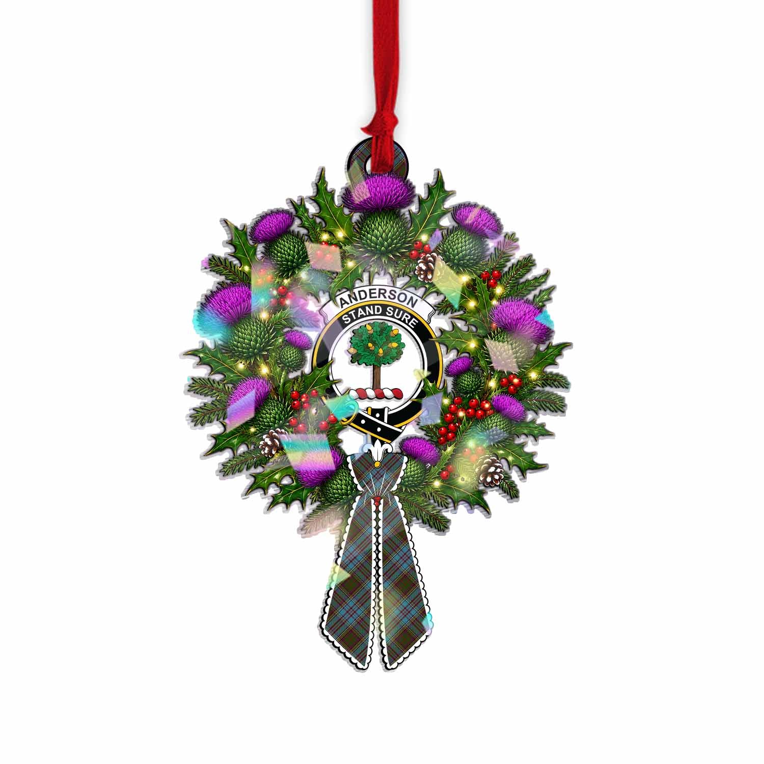 Anderson Tartan Crest Christmas Scottish Thistle Wreath Bow Hologram Ornament