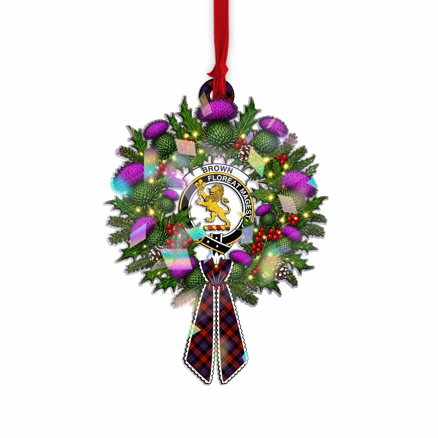Brown (Broun) Tartan Crest Christmas Scottish Thistle Wreath Bow Hologram Ornament