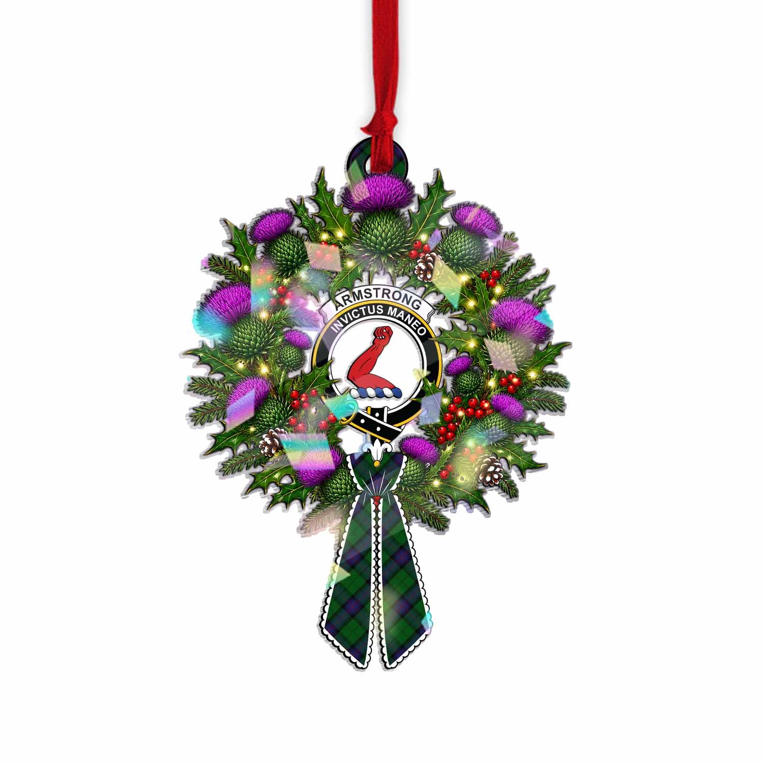 Armstrong Tartan Crest Christmas Scottish Thistle Wreath Bow Hologram Ornament