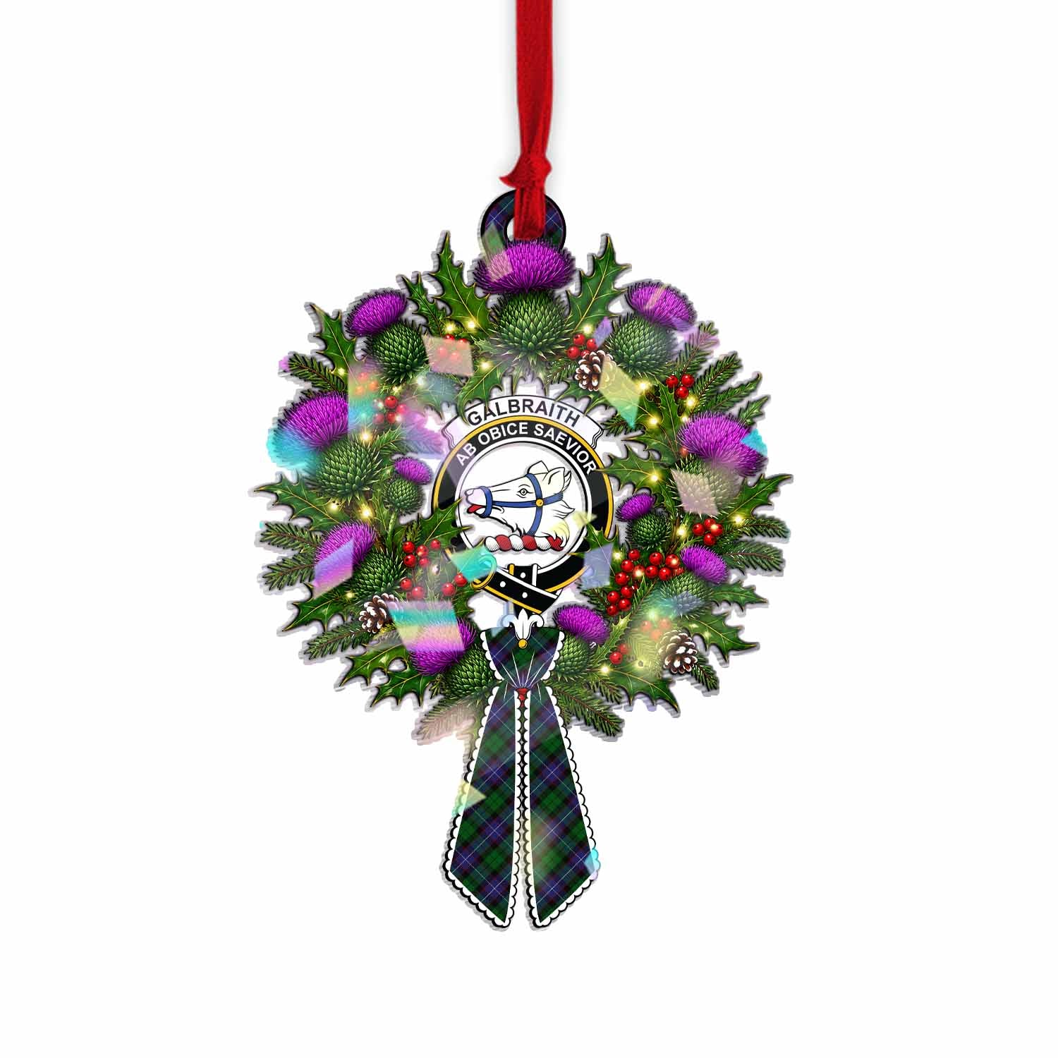 Galbraith Tartan Crest Christmas Scottish Thistle Wreath Bow Hologram Ornament