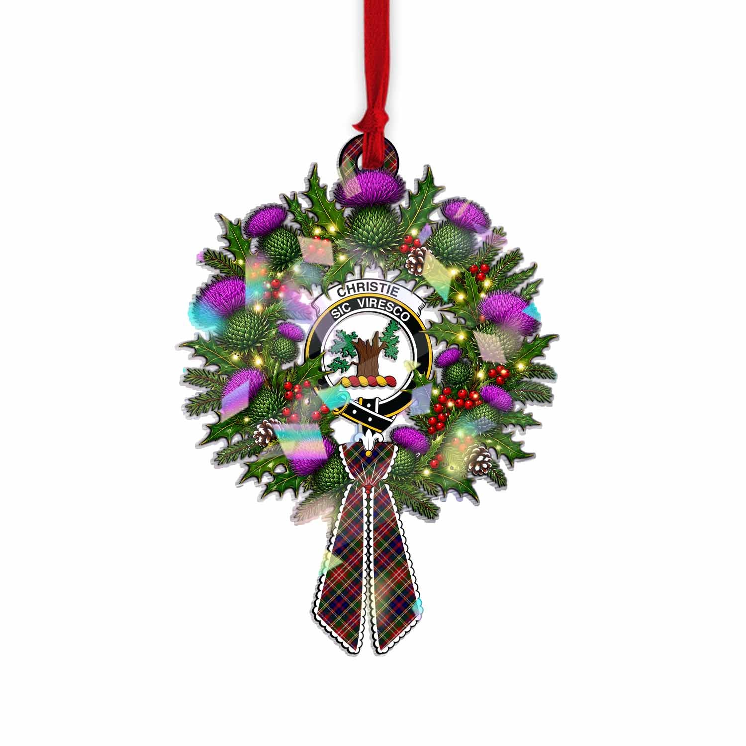 Christie Tartan Crest Christmas Scottish Thistle Wreath Bow Hologram Ornament
