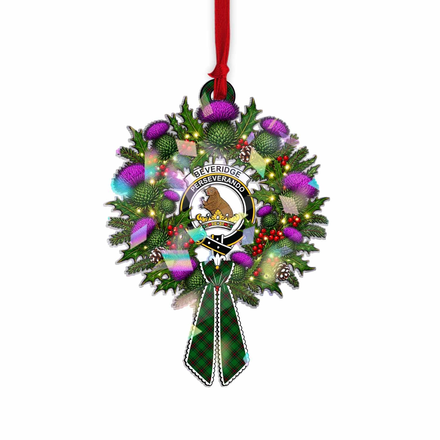 Beveridge Tartan Crest Christmas Scottish Thistle Wreath Bow Hologram Ornament