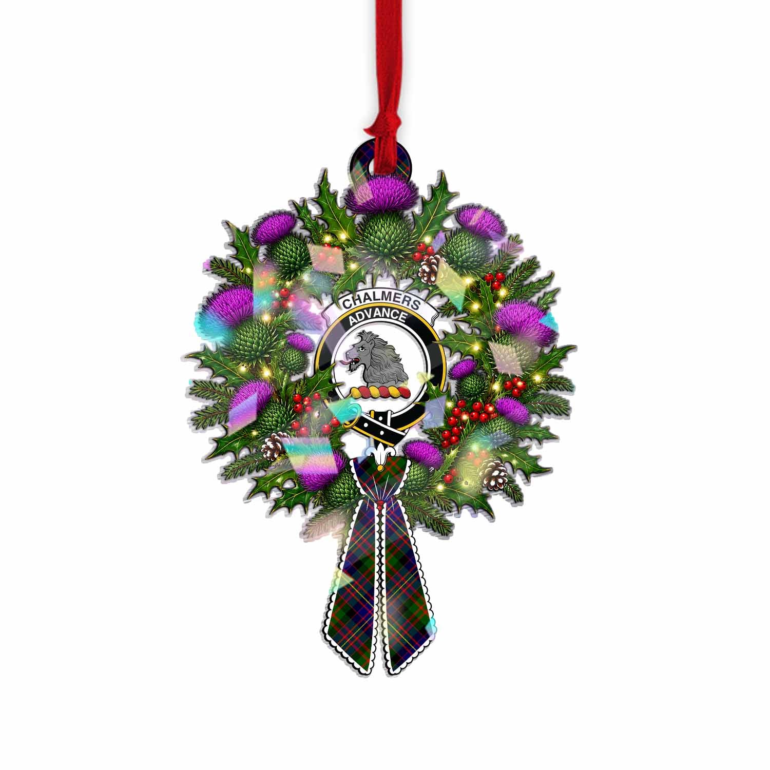 Chalmers Tartan Crest Christmas Scottish Thistle Wreath Bow Hologram Ornament