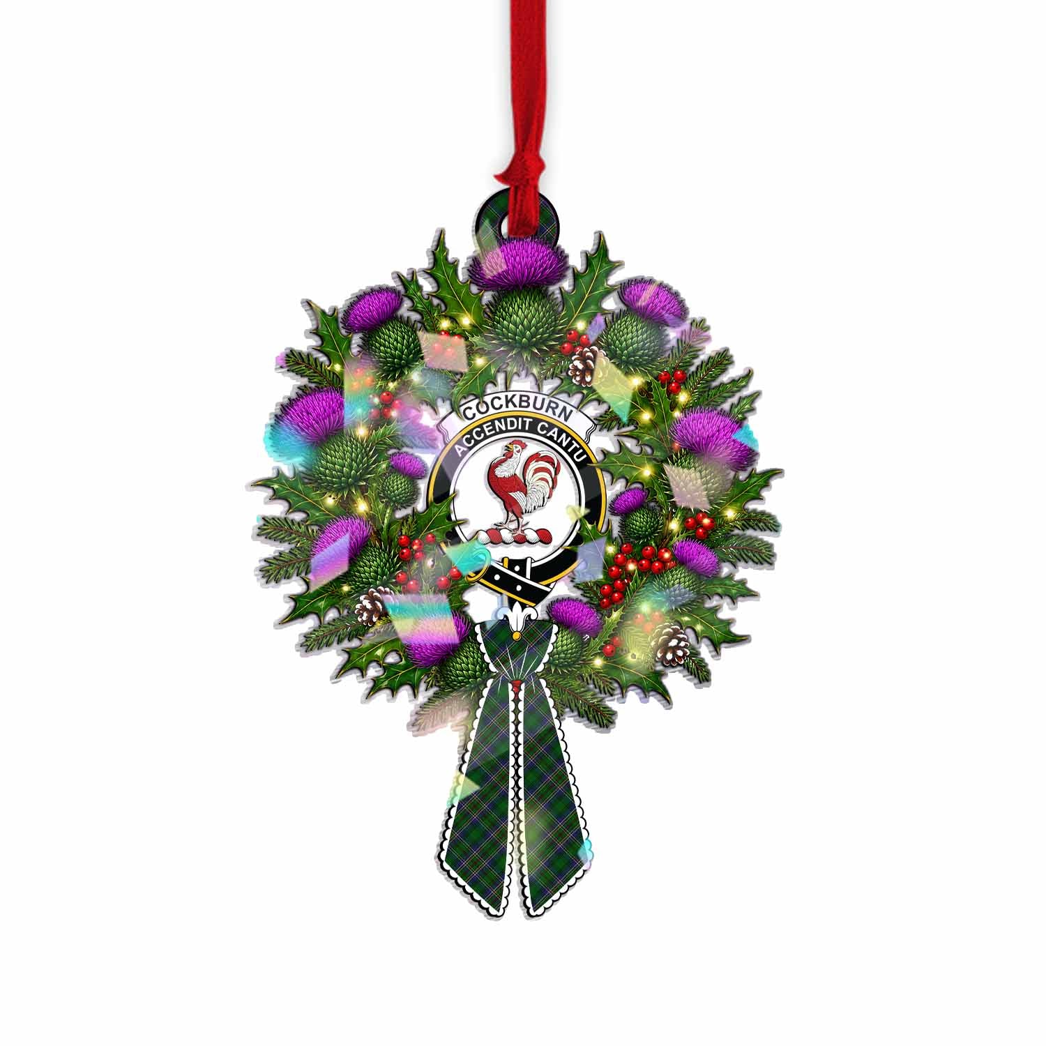 Cockburn Tartan Crest Christmas Scottish Thistle Wreath Bow Hologram Ornament