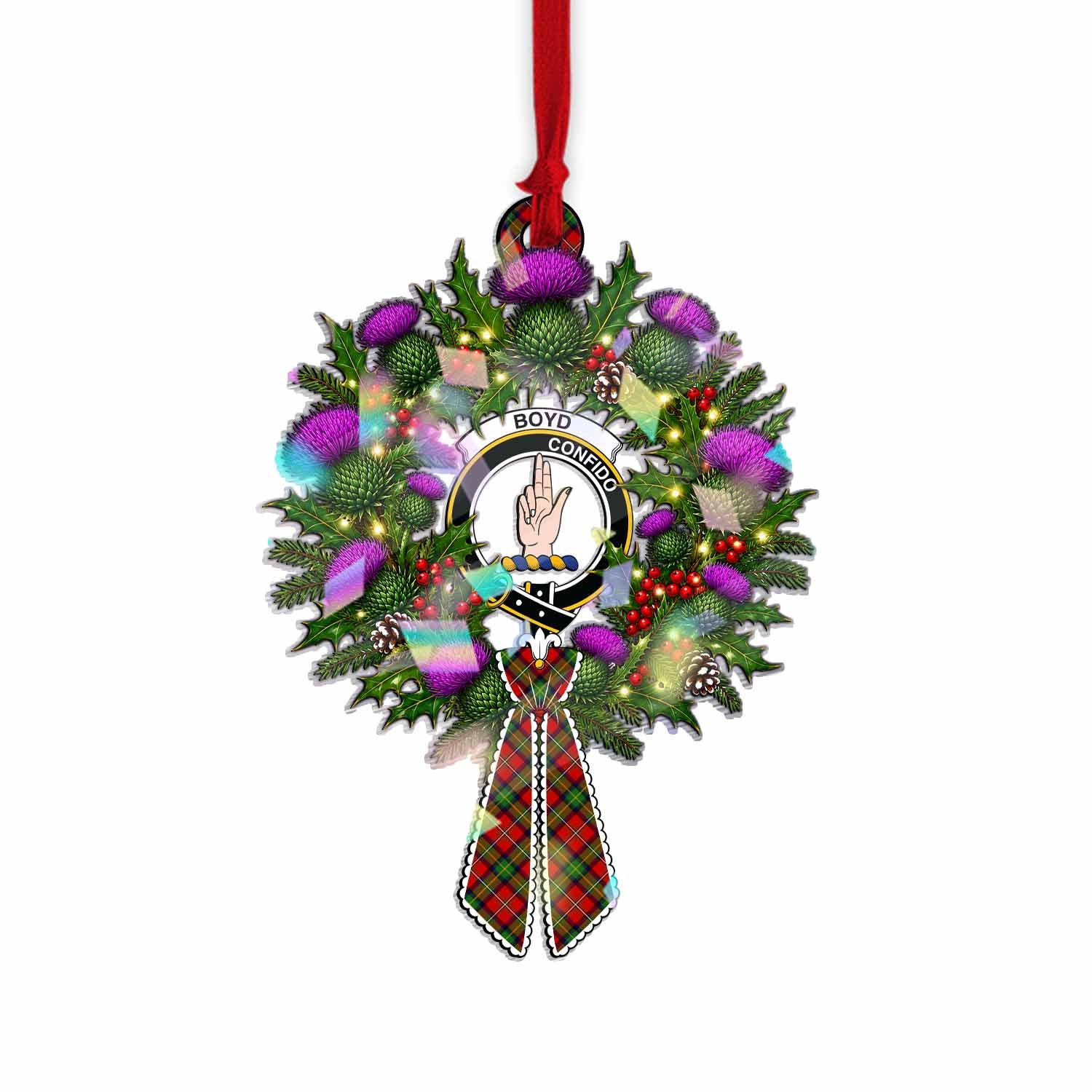 Boyd Tartan Crest Christmas Scottish Thistle Wreath Bow Hologram Ornament