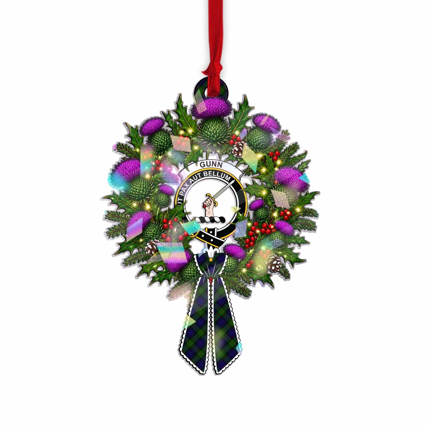 Gunn Tartan Crest Christmas Scottish Thistle Wreath Bow Hologram Ornament