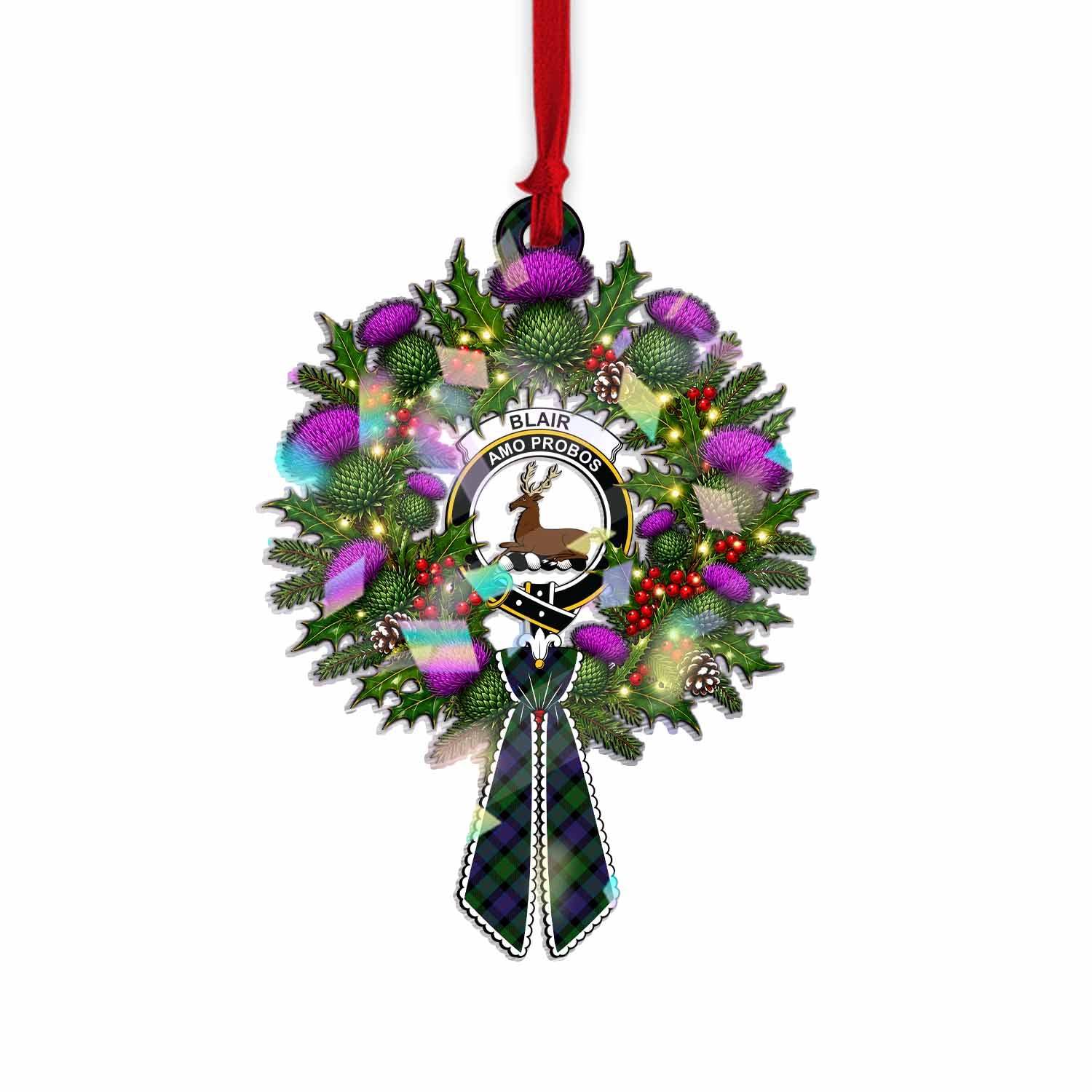 Blair Tartan Crest Christmas Scottish Thistle Wreath Bow Hologram Ornament