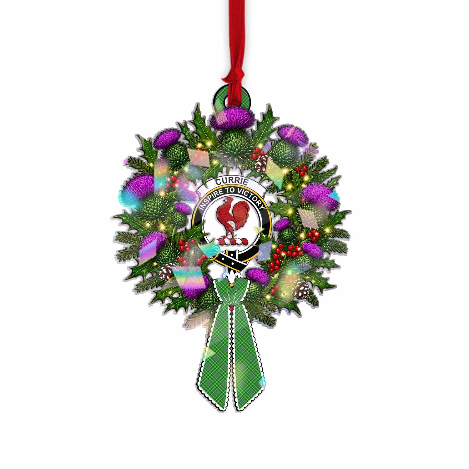 Currie Tartan Crest Christmas Scottish Thistle Wreath Bow Hologram Ornament
