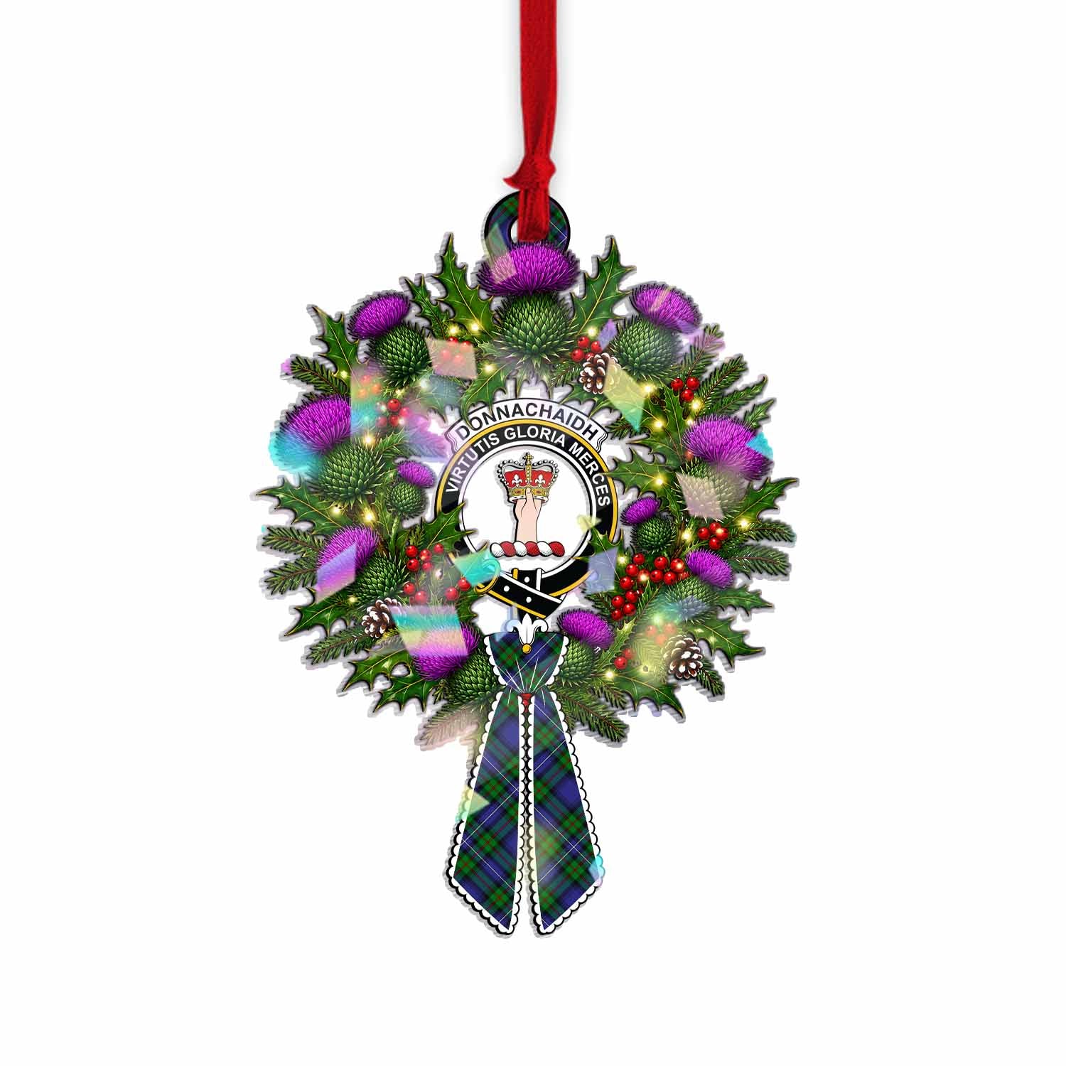 Donnachaidh Tartan Crest Christmas Scottish Thistle Wreath Bow Hologram Ornament
